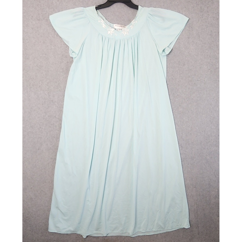 Miss Elaine Nightgown Women Large Blue Embroidered Floral Sleepwear Nylon